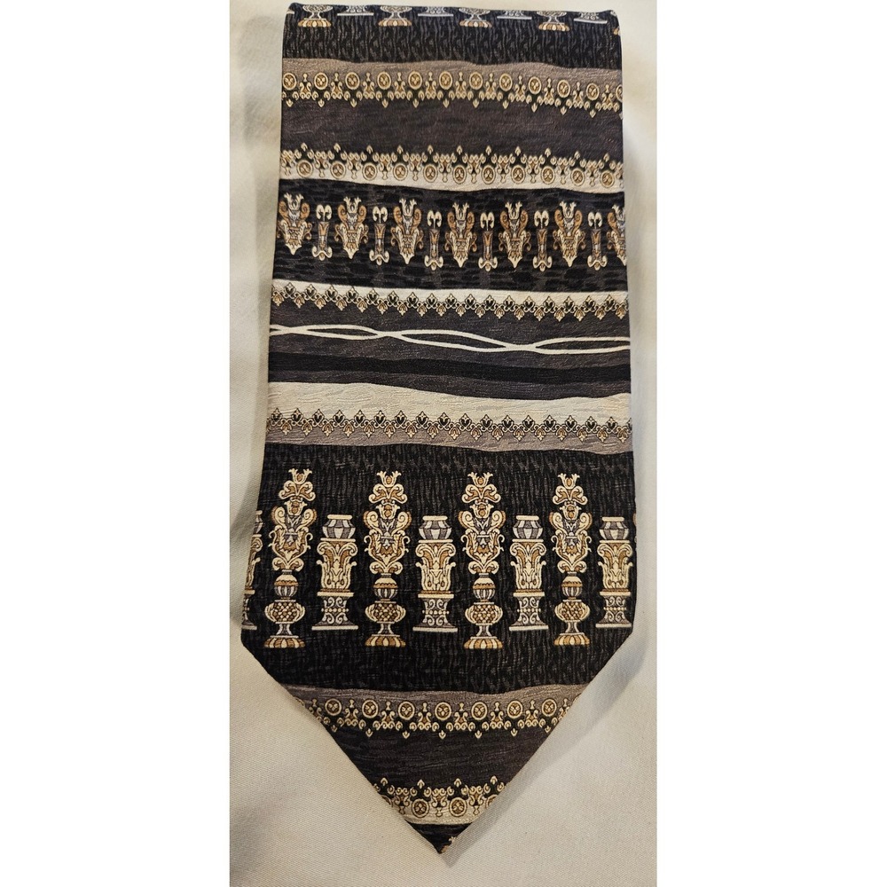 Daniel De Fasson Mens Silk Tie Black Gold Geometric Architectural Handmade